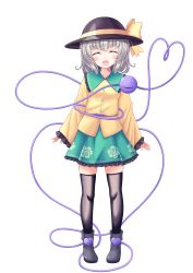 Rule 34 | 1girl, absurdres, black thighhighs, blouse, blush, boots, breasts, buttons, closed eyes, collarbone, collared shirt, commentary request, crystal, floral print, flower, frills, full body, green flower, green rose, green skirt, grey footwear, grey hair, grey hat, hair between eyes, hat, hat ribbon, heart, heart of string, highres, jewelry, komeiji koishi, long sleeves, medium breasts, open mouth, reimei (r758120518), ribbon, rose, rose print, shirt, short hair, skirt, smile, solo, standing, thighhighs, third eye, tongue, touhou, transparent background, upper body, wide sleeves, yellow ribbon, yellow shirt