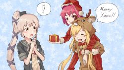 Rule 34 | !, 3girls, abukuma (kancolle), animal costume, antlers, blonde hair, blue background, blush, carrying, christmas, closed eyes, commentary, cosplay, english text, grey sailor collar, hat, highres, horns, kantai collection, kihonakano, kinu (kancolle), long hair, merry christmas, multiple girls, own hands together, piggyback, purple eyes, red hair, reindeer antlers, reindeer costume, rudolph the red nosed reindeer (cosplay), sailor collar, santa costume, santa hat, school uniform, serafuku, short hair, spoken exclamation mark, star (symbol), starry background, very long hair, yura (kancolle), yura kai ni (kancolle)