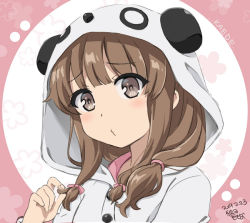 Rule 34 | 1girl, animal costume, animal ears, artist name, azusagawa kaede, bad id, bad pixiv id, blush, bow, brown eyes, brown hair, character name, closed mouth, dated, hair ornament, hood, long hair, looking at viewer, open mouth, panda costume, seishun buta yarou, short hair, short twintails, smile, solo, twintails, user vaut5744