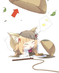 Rule 34 | 1girl, :d, ^ ^, animal ears, arrow (symbol), blonde hair, blunt bangs, blush stickers, chibi, closed eyes, commentary request, da-mii, drop trap, food, fox ears, fox tail, happy, leaf, long hair, musical note, open mouth, oshiro project:re, plate, quaver, rope, senko (oshiro project), simple background, smile, solo, speech bubble, spoken musical note, stick, tail, tail wagging, tofu, torii hair ornament, white background