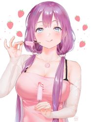 Rule 34 | 1girl, :q, black bra, blue eyes, blush, bra, bralines, breasts, camisole, cleavage, closed mouth, food, fruit, hair ornament, hair over shoulder, heart, heart-shaped pupils, highres, jacket, jewelry, large breasts, long hair, looking at viewer, low twintails, mery (yangmalgage), nail polish, necklace, open clothes, open jacket, original, popsicle, purple hair, see-through, simple background, sleeves past wrists, solo, strap slip, strawberry, symbol-shaped pupils, tongue, tongue out, twintails, underwear, upper body, white background