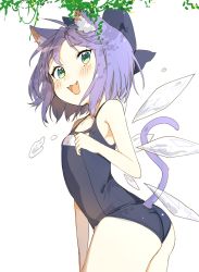 Rule 34 | 1girl, :3, animal ears, ass, bad id, bad twitter id, blue bow, blue hair, bow, cat ears, cat tail, cirno, cowboy shot, fang, green eyes, hair bow, highres, ice, ice wings, kemonomimi mode, looking at viewer, one-piece swimsuit, saple, school swimsuit, simple background, smile, solo, swimsuit, tail, touhou, white background, wings