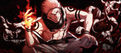 Rule 34 | 1boy, abs, animal skull, arm tattoo, black nails, black scarf, chest tattoo, clothes down, embers, extra eyes, facial tattoo, fire, hand on own knee, highres, japanese clothes, jujutsu kaisen, kimono, litchi (taechiii2), looking at viewer, male focus, muscular, muscular male, nail polish, pectorals, pink hair, red eyes, ryoumen sukuna (jujutsu kaisen), scarf, short hair, shoulder tattoo, sitting, smirk, solo, stomach tattoo, tattoo, teeth, undercut, veins, white kimono