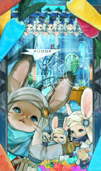 Rule 34 | 6+others, :&lt;, absurdres, animal ears, blue eyes, brown gloves, carrot, character name, chinese commentary, commentary request, crystal, final fantasy, final fantasy xiv, furry, gloves, highres, indoors, livingway, looking at viewer, loporrit, marching, multiple others, open mouth, other focus, rabbit ears, shanshen, sweat, triangle mouth, turban, upper body, upside-down, whiskers, white headwear