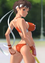 Rule 34 | 1girl, alternate costume, ass, ass grab, ass support, bare shoulders, blush, breasts, brown eyes, brown hair, cacn2021, capcom, deep skin, fingerless gloves, from behind, gloves, headband, highres, kasugano sakura, large breasts, looking at viewer, looking back, shiny clothes, shiny skin, short hair, short shorts, shorts, sideboob, smile, solo, street fighter, sweat