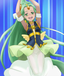 Rule 34 | 10s, 1girl, armpits, arms up, blue background, brooch, glasses, green eyes, green hair, green haired cure (wonderful net precure) (happinesscharge precure!), happinesscharge precure!, haruyama kazunori, heart, heart brooch, long hair, magical girl, matching hair/eyes, no panties, open mouth, precure, see-through, solo, very long hair