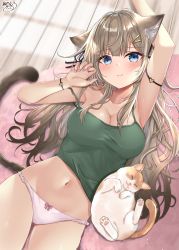 Rule 34 | 1girl, akino ell, animal, animal ears, arm strap, arm up, armpits, blush, breasts, brown hair, camisole, cat, cat ears, cat girl, cat tail, cleavage, collarbone, commentary request, crop top, green shirt, groin, hair ornament, hairclip, hand up, highres, large breasts, long hair, looking at viewer, lying, nail polish, navel, no pants, on back, original, panties, shirt, sleeveless, sleeveless shirt, solo, spaghetti strap, stomach, strap slip, tail, thighs, underwear, underwear only, white panties