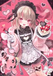 Rule 34 | 1girl, :d, apron, balloon, banner, belt, black dress, blueberry, blush, bow, breasts, brown hair, cake, cleavage cutout, clothing cutout, colored inner hair, copyright name, cuffs, dessert, dress, fangs, food, fork, frills, fruit, gloves, handcuffs, happy birthday, heart, heart balloon, heart cutout, heart o-ring, holding, holding fork, holding plate, jacket, leg tattoo, looking at viewer, maid, maid headdress, makaino ririmu, makaino ririmu (5th costume), multicolored hair, nijisanji, official art, open clothes, open jacket, open mouth, pink hair, pink jacket, plate, rubi-sama, sample watermark, small breasts, smile, solo, strawberry, streaked hair, stuffed toy, tattoo, virtual youtuber, watermark, white apron, white belt, white gloves