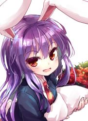 Rule 34 | 1girl, :d, animal ears, black jacket, blazer, bouquet, closed mouth, collared shirt, flower, holding, holding bouquet, isu (is88), jacket, long hair, looking at viewer, necktie, open mouth, purple hair, rabbit ears, rabbit tail, red eyes, red flower, red necktie, reisen udongein inaba, shirt, simple background, smile, tail, touhou, upper body, white background, white shirt