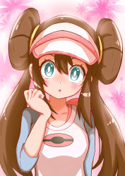 Rule 34 | 1girl, :o, absurdres, blush, bow, breasts, bright pupils, brown hair, commentary request, creatures (company), double bun, game freak, green eyes, hair bun, hand up, highres, long hair, looking at viewer, nintendo, pink bow, pokemon, pokemon bw2, raglan sleeves, rono (lethys), rosa (pokemon), shirt, solo, twintails, upper body, visor cap, white pupils