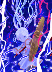 Rule 34 | 1girl, absurdres, blue background, blue eyes, capelet, closed mouth, commentary request, cowboy shot, dated, dress, electricity, elf, expressionless, foreshortening, frieren, highres, holding, holding staff, long hair, long sleeves, looking at viewer, magic, pointy ears, solo, sousou no frieren, staff, thick eyebrows, twintails, twitter username, white capelet, white dress, white hair, yuri kyanon