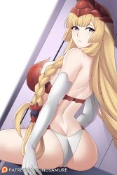 Rule 34 | 1girl, aslindsamure, ass, athena (granblue fantasy), back, blonde hair, braid, breasts, butt crack, dutch angle, elbow gloves, gloves, granblue fantasy, highres, indoors, large breasts, lingerie, long hair, looking at viewer, looking back, partially visible vulva, purple eyes, side braid, sideboob, sitting, solo, thighs, twin braids, underwear, very long hair, white gloves