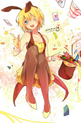 Rule 34 | 1boy, ;d, androgynous, animal ears, armin arlert, bad id, bad pixiv id, bare shoulders, blonde hair, blue eyes, card, cuffs, fake animal ears, flower, hat, high heels, index finger raised, knees together feet apart, leotard, magician, male focus, male playboy bunny, miko (s1748s), one eye closed, open mouth, pantyhose, playboy bunny, playing card, rabbit ears, shingeki no kyojin, shoes, short hair, smile, solo, top hat, trap, unworn hat, unworn headwear, usamin, wink, wrist cuffs