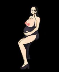 Rule 34 | 1girl, black-framed eyewear, black background, black hair, blush, breasts, breasts out, female focus, from side, full body, large breasts, lowres, nico robin, nipples, nose, one piece, pregnant, solo