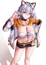 Rule 34 | 1girl, absurdres, animal ears, bandeau, black choker, black skirt, blue eyes, breasts, choker, claw pose, cleavage, commentary request, fake animal ears, feet out of frame, hand on own hip, hand up, highres, honkai (series), honkai impact 3rd, kiana kaslana, large breasts, long hair, looking at viewer, microskirt, midriff, navel, pencil skirt, pyeong-il pyeongil, shrug (clothing), simple background, skirt, smile, solo, standing, stomach, strapless, thighs, tube top, very long hair, white background, white hair