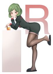 Rule 34 | 1girl, absurdres, bent over, black dress, black footwear, blush, bob cut, brown eyes, brown pantyhose, closed mouth, commentary request, commission, creatures (company), cup, dress, from side, full body, game freak, glass, green hair, highres, holding, holding cup, leg up, liquid, logo, long sleeves, nintendo, pantyhose, pixiv commission, pokemon, pokemon (anime), pokemon (classic anime), pokemon ep231, puffy sleeves, short hair, slippers, solo, standing, standing on one leg, team rocket, wendy (pokemon), yasaidaikon