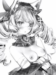 Rule 34 | 1girl, animal ears, bad id, bad pixiv id, blush, bow, breasts, copyright request, cross hair ornament, crossed arms, drill hair, eyepatch, flower eyepatch, greyscale, hair bow, hair ornament, highres, long hair, looking at viewer, medium breasts, monochrome, nanashi (nlo), nipples, parted lips, simple background, solo, twin drills, twintails, virtual youtuber, white background
