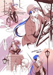 Rule 34 | 1boy, 2girls, alternate costume, bicycle, blue hair, buttons, casting spell, chimney, closed mouth, collared shirt, contemporary, cu chulainn (fate), cu chulainn (fate/stay night), earrings, fang, fate/grand order, fate/stay night, fate (series), fingerless gloves, fire, floating hair, fujimaru ritsuka (female), full body, glasses, gloves, hat, highres, jacket, jewelry, ladder, lamppost, long hair, long sleeves, male focus, mash kyrielight, multiple girls, multiple views, musical note, pants, ponytail, red eyes, riding, riding bicycle, ro (pixiv34009774), runes, shirt, short hair, side ponytail, smile, speech bubble, squatting, translation request, vest, waving