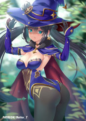 Rule 34 | 1girl, ass, bad anatomy, black hair, blush, breasts, butter-t, cape, detached sleeves, elbow gloves, from behind, genshin impact, gloves, green eyes, hair ornament, hair ribbon, hat, leotard, long hair, looking at viewer, medium breasts, mona (genshin impact), pantyhose, ribbon, shiny clothes, shiny skin, sideboob, solo, thighlet, twintails, very long hair