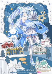 Rule 34 | 1girl, animal, arms up, bare shoulders, blue eyes, blue hair, blue necktie, boots, building, commentary, cross, crypton future media, detached sleeves, earmuffs, full body, goryoukaku, grey skirt, grey sleeves, grey thighhighs, hair ornament, hakodate (city), hatsune miku, headset, highres, hill, kiya machi, landmark, leg up, light blue hair, long hair, looking at viewer, miniskirt, mittens, necktie, night, official art, open mouth, piapro, pleated skirt, rabbit, rabbit yukine, scarf, second-party source, shiny clothes, shirt, skirt, sleeveless, sleeveless shirt, smile, snowflake print, snowflakes, solo, standing, standing on one leg, star (symbol), stitches, thigh boots, thighhighs, tree, twintails, very long hair, vocaloid, white mittens, white scarf, white shirt, yuki miku, yuki miku (2011)