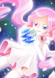 Rule 34 | 10s, 1girl, bad id, bad pixiv id, blue eyes, child, earth (planet), elbow gloves, eyelashes, giant, giantess, gloves, heartcatch precure!, heterochromia, highres, huge giantess, mugen silhouette, pink eyes, pink hair, planet, precure, solo, space, tbt ryo, thighhighs, twintails