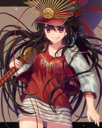 Rule 34 | 1girl, black hair, buster shirt, cowboy shot, fate/grand order, fate (series), floating hair, grin, hat, highres, holding, holding sword, holding weapon, jacket, koha-ace, kuro futoshi, letterman jacket, long hair, looking at viewer, military, military uniform, oda nobunaga (fate), oda nobunaga (koha-ace), oda nobunaga (swimsuit berserker) (fate), oda nobunaga (swimsuit berserker) (first ascension) (fate), open clothes, open jacket, parted lips, peaked cap, red eyes, skirt, smile, solo, sword, uniform, weapon