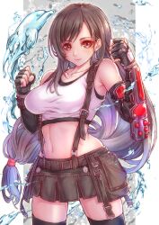 Rule 34 | 1girl, black skirt, black thighhighs, breasts, brown hair, cowboy shot, crop top, dolphin, elbow gloves, fighting stance, final fantasy, final fantasy vii, final fantasy vii remake, fingerless gloves, gloves, highres, kodue55, long hair, looking at viewer, low-tied long hair, midriff, miniskirt, pleated skirt, red eyes, single vambrace, skirt, solo, stomach, suspender skirt, suspenders, tank top, thighhighs, tifa lockhart, vambraces, water, white tank top, zettai ryouiki