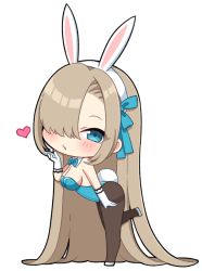 Rule 34 | 1girl, absurdly long hair, animal ears, aqua eyes, aqua leotard, asuna (blue archive), asuna (bunny) (blue archive), bare shoulders, black pantyhose, blowing kiss, blue archive, bow, bowtie, breasts, chibi, commentary request, eyelashes, fake animal ears, fake tail, forehead, gloves, hair over one eye, hair ribbon, heart, highleg, highleg leotard, large breasts, leotard, long hair, official alternate costume, pantyhose, parted bangs, playboy bunny, rabbit tail, ribbon, sideboob, sidelocks, simple background, solo, sorakase sawa, standing, standing on one leg, strapless, strapless leotard, tail, traditional bowtie, very long hair, white background, white footwear, white gloves, white headwear