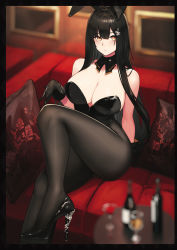 Rule 34 | 1girl, animal ears, bare shoulders, black footwear, black gloves, black hair, black leotard, blurry, blurry background, blush, breasts, cleavage, couch, cup, detached collar, fake animal ears, floral print, glass bottle, gloves, hair ornament, hayabusa, high heels, highleg, highleg leotard, highres, large breasts, leotard, long hair, mole, mole on breast, mole under eye, original, pantyhose, pillow, playboy bunny, rabbit ears, simple background, solo, strapless, strapless leotard, yellow eyes