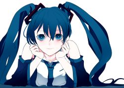 Rule 34 | 1girl, aqua eyes, aqua hair, blue eyes, blush, commentary request, detached sleeves, hair ornament, hands on own face, hatsune miku, ikurauni, looking at viewer, smile, solo, twintails, upper body, vocaloid, white background