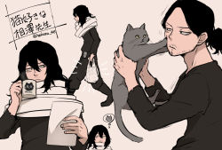 Rule 34 | 1boy, animal, animal print, bag, black hair, black shirt, boku no hero academia, cat, cat print, commentary request, eraser head (boku no hero academia), facial hair, full body, grey scarf, hands up, highres, holding, holding animal, holding bag, holding cat, holding paper, long hair, long sleeves, looking at animal, male focus, multiple views, nakamu 405, notice lines, paper, parted bangs, reading, scar, scar on face, scarf, shirt, simple background, steam, stubble, thought bubble, translation request, twitter username, upper body
