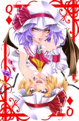 Rule 34 | 2girls, ascot, bat wings, card, card (medium), fangs, flandre scarlet, hat, hat ribbon, highres, licking, licking finger, looking at viewer, multicolored wings, multiple girls, open mouth, playing card, remilia scarlet, ribbon, rotational symmetry, short hair, siblings, simple background, sisters, tongue, tongue out, touhou, wings, yoiti