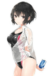 Rule 34 | 1girl, black hair, black one-piece swimsuit, blush, brand name imitation, breasts, brown eyes, can, closed mouth, collarbone, commentary request, hair between eyes, highres, holding, holding can, jacket, kani biimu, long sleeves, looking at viewer, medium breasts, one-piece swimsuit, original, pocari sweat, see-through, short hair, simple background, smile, solo, swimsuit, swimsuit under clothes, wet jacket, white background, white jacket