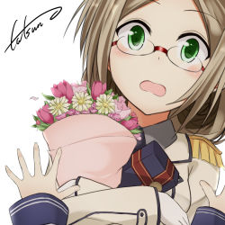 Rule 34 | bouquet, box, epaulettes, flower, gift, gift box, glasses, gloves, green eyes, highres, holding, kantai collection, katori (kancolle), light brown hair, long sleeves, open mouth, simple background, solo, surprised, tatsuno (saya-tatsuno), white gloves