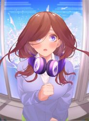 Rule 34 | 1girl, blue cardigan, blue eyes, blush, breasts, brown hair, cardigan, clenched hand, collared shirt, commentary, day, enpera, eyebrows hidden by hair, eyeshadow, floating hair, go-toubun no hanayome, hair over one eye, headphones, headphones around neck, highres, indoors, large breasts, long hair, long sleeves, looking at viewer, makeup, mojyu saico, nakano miku, open mouth, pov, scarf, school uniform, shirt, solo, straight-on, surprised, upper body, water, water drop, white shirt, wide-eyed, window