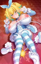 Rule 34 | + +, 1girl, apron, areola slip, blonde hair, blue eyes, blue hair, blue legwear, blue ribbon, blue skirt, blush, bombergirl, breasts, from above, fuse, gomi53, gradient background, grenade hair ornament, hair ribbon, halterneck, highres, large areolae, large breasts, lit fuse, long sleeves, looking at viewer, looking up, lying, maid headdress, multicolored hair, open mouth, perspective, pine (bombergirl), ribbon, short hair, shrug (clothing), skirt, smile, striped legwear, thighs, two-tone hair, two side up, tying hair, waist apron, yellow pupils