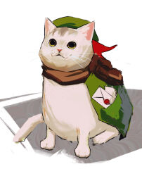 Rule 34 | absurdres, animal focus, brown scarf, capelet, cat, envelope, green capelet, green headwear, highres, letter, no humans, original, potatomochii, scarf, wax seal, white cat