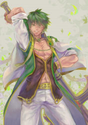 Rule 34 | 1boy, arch bishop (ragnarok online), bare pectorals, belt buckle, brooch, brown gloves, buckle, capelet, chain, collared capelet, commentary request, cowboy shot, cross, facial scar, fingerless gloves, gloves, green eyes, green hair, green jacket, hair between eyes, holding, holding cross, jacket, jewelry, large cross, leaf, looking at viewer, male focus, misuguu, navel, open clothes, open mouth, pants, pectorals, ragnarok online, scar, scar on cheek, scar on face, short hair, short sleeves, signature, solo, standing, teeth, white capelet, white pants