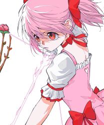 Rule 34 | 1girl, ako (eanaaati1), bow (weapon), choker, drawing bow, dress, gloves, hair ribbon, highres, holding, holding bow (weapon), holding weapon, kaname madoka, magical girl, mahou shoujo madoka magica, mahou shoujo madoka magica (anime), pink dress, pink hair, red eyes, red ribbon, ribbon, short hair, short twintails, simple background, solo, twintails, weapon, white gloves