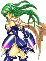 Rule 34 | 1girl, armor, aruka schild, ass, breasts, cape, green eyes, green hair, long hair, lowres, needless, sideboob, solo, thighhighs