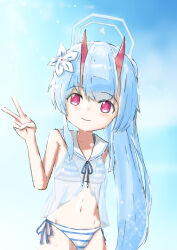 Rule 34 | 1girl, absurdres, alternate costume, bikini, blue hair, breasts, chise (blue archive), chise (swimsuit) (blue archive), flower, hair between eyes, hair flower, hair ornament, halo, highres, horns, long hair, looking at viewer, multicolored bikini, multicolored clothes, oni horns, ponytail, red eyes, red horns, side-tie bikini bottom, solo, swimsuit, user lin3627