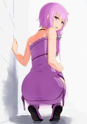 Rule 34 | 1girl, abmayo, absurdres, ass, blue eyes, blush, dress, from behind, hair ornament, highres, long hair, looking at viewer, looking back, low twintails, open mouth, purple eyes, purple hair, purple thighhighs, revision, short hair with long locks, simple background, solo, squatting, thighhighs, twintails, vocaloid, voiceroid, yuzuki yukari