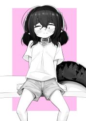 Rule 34 | 1girl, artist request, black hair, blush, border, collar, greyscale with colored background, hair between eyes, horns, looking down, original, outside border, pink background, pointy ears, shirt, short sleeves, short twintails, shorts, sitting, solo, t-shirt, tail, thick eyebrows, twintails, v-neck, white border
