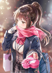 Rule 34 | 0v0 (l seohui), 1girl, absurdres, bag, beige sweater, blue bag, blue coat, blurry, blush, bokeh, bow, bowtie, box, breasts, brown eyes, brown hair, closed mouth, coat, commentary, covering own mouth, cowboy shot, depth of field, fingernails, gift, gift box, glint, hair ornament, hairpin, hand up, heart, heart hair ornament, highres, holding, holding gift, huge filesize, incoming gift, large breasts, long hair, long sleeves, looking away, original, outstretched arm, pink scarf, plaid, plaid skirt, pleated skirt, ponytail, red bow, red bowtie, scarf, shoulder bag, sidelocks, skirt, solo, standing, striped bow, striped bowtie, striped clothes, striped neckwear