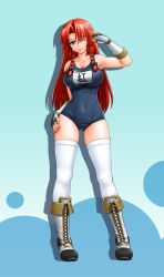 Rule 34 | 1girl, boots, braid, breasts, cross-laced footwear, daina rukawa, female focus, fingerless gloves, full body, gloves, gradient background, highres, hong meiling, lace-up boots, long hair, name tag, one-piece swimsuit, one eye closed, red hair, salute, school swimsuit, solo, standing, swimsuit, thighhighs, touhou, twin braids, white thighhighs, wink