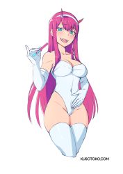 Rule 34 | 10s, 1girl, :d, aqua eyes, artist name, bare shoulders, blush, breasts, cleavage, collarbone, covered navel, cropped legs, darling in the franxx, elbow gloves, eyeshadow, gloves, groin, hairband, hand on own stomach, highleg, highleg leotard, highres, holding, horns, kuso otoko, leotard, long hair, looking at viewer, makeup, medium breasts, open mouth, pinky out, playboy bunny, pregnancy test, ringed eyes, shiny skin, simple background, skindentation, smile, solo, standing, straight hair, strapless, strapless leotard, teeth, thighs, tsurime, very long hair, watermark, web address, white background, white gloves, white hairband, white leotard, zero two (darling in the franxx)
