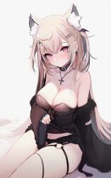 Rule 34 | 1girl, animal ear fluff, animal ears, bandaid, bandaid hair ornament, bare shoulders, black collar, black hair, blonde hair, breasts, cleavage, collar, dog ears, dog girl, fuwawa abyssgard, hair between eyes, hair intakes, hair ornament, hairclip, highres, hololive, hololive english, koahri, large breasts, long hair, multicolored hair, pink eyes, solo, streaked hair, thighs, two side up, virtual youtuber