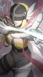 Rule 34 | 1girl, angel wings, angewomon, anklet, armpits, belt, blindfold, blonde hair, bodysuit, bow (weapon), breasts, character name, copyright name, covered eyes, digimon, digimon (creature), digimon adventure, digimon adventure tri., gloves, hamlet, highres, incoming attack, jewelry, laofuzi dai bansho, long hair, navel, simple background, solo, weapon, white bodysuit, white footwear, white gloves, wings