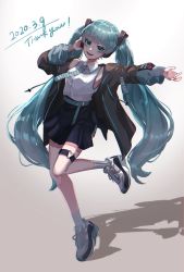 Rule 34 | 1girl, 39, absurdly long hair, aqua belt, aqua eyes, aqua hair, aqua necktie, artist name, artist request, bare legs, bare shoulders, belt, black skirt, blue eyes, blue hair, blue necktie, breasts, collarbone, female focus, full body, hatsune miku, headphones, headset, highres, jacket, long hair, necktie, open clothes, open jacket, parted lips, shirt, shoes, skirt, small breasts, smile, solo, standing, standing on one leg, twintails, very long hair, vocaloid, white background, white footwear, white shirt