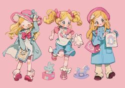 Rule 34 | 3girls, angel wings, animal bag, aqua eyes, bag, beret, blonde hair, blue bow, blue coat, blue shorts, boots, bow, bowtie, brown footwear, brown pants, buttons, center frills, child, clenched hand, clipboard, closed eyes, closed mouth, coat, coattails, collared coat, collared dress, commentary, cross-laced footwear, denim, denim shorts, dress, eyeshadow, fashion, footwear bow, frills, full body, fur-trimmed footwear, fur trim, hair bow, hair ornament, hand on headwear, hat, hat bow, heart, heart print, high collar, highres, holding, holding clipboard, holding painting, jack-in-the-box, lace-trimmed bow, lace trim, leg up, long eyelashes, long hair, long sleeves, looking at another, looking to the side, makeup, multiple girls, open clothes, open coat, open mouth, original, painting (object), pants, parted lips, pink background, pink bag, pink bow, pink bowtie, pink eyeshadow, pink footwear, pink headwear, pink sleeves, pocket, putong xiao gou, rabbit, rabbit hair ornament, rocking horse, running, salute, shirt, shoes, short dress, short sleeves, shorts, shoulder bag, sidelocks, simple background, smile, sneakers, straight-arm salute, straight-on, straight hair, sun hat, symbol-only commentary, t-shirt, twintails, two-tone footwear, white bag, white dress, white footwear, white shirt, white wings, winged footwear, wings